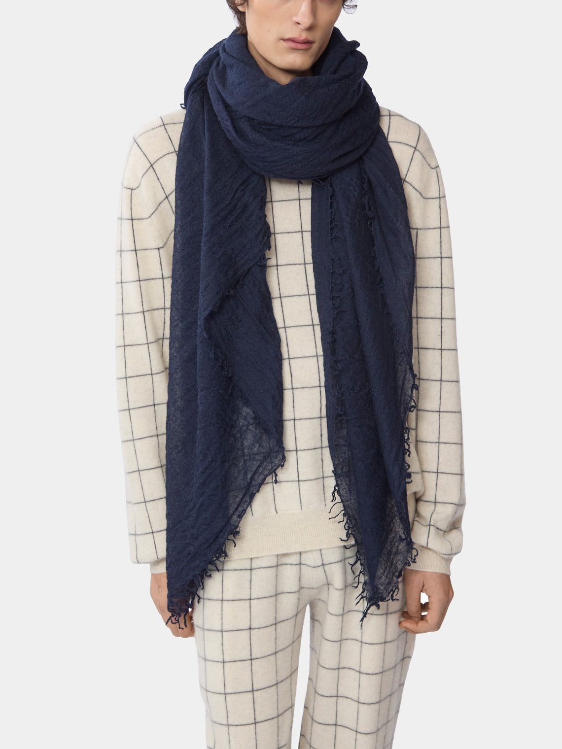 Frenckenberger - Woven Cashmere Medium Scarf - Navy - ABASK