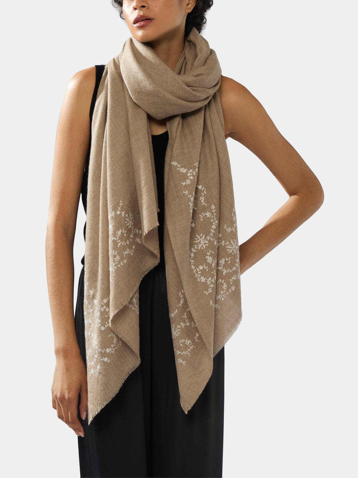 Me & K - Hand-Embroidered Cashmere Scarf | One Size - Beige - ABASK - 