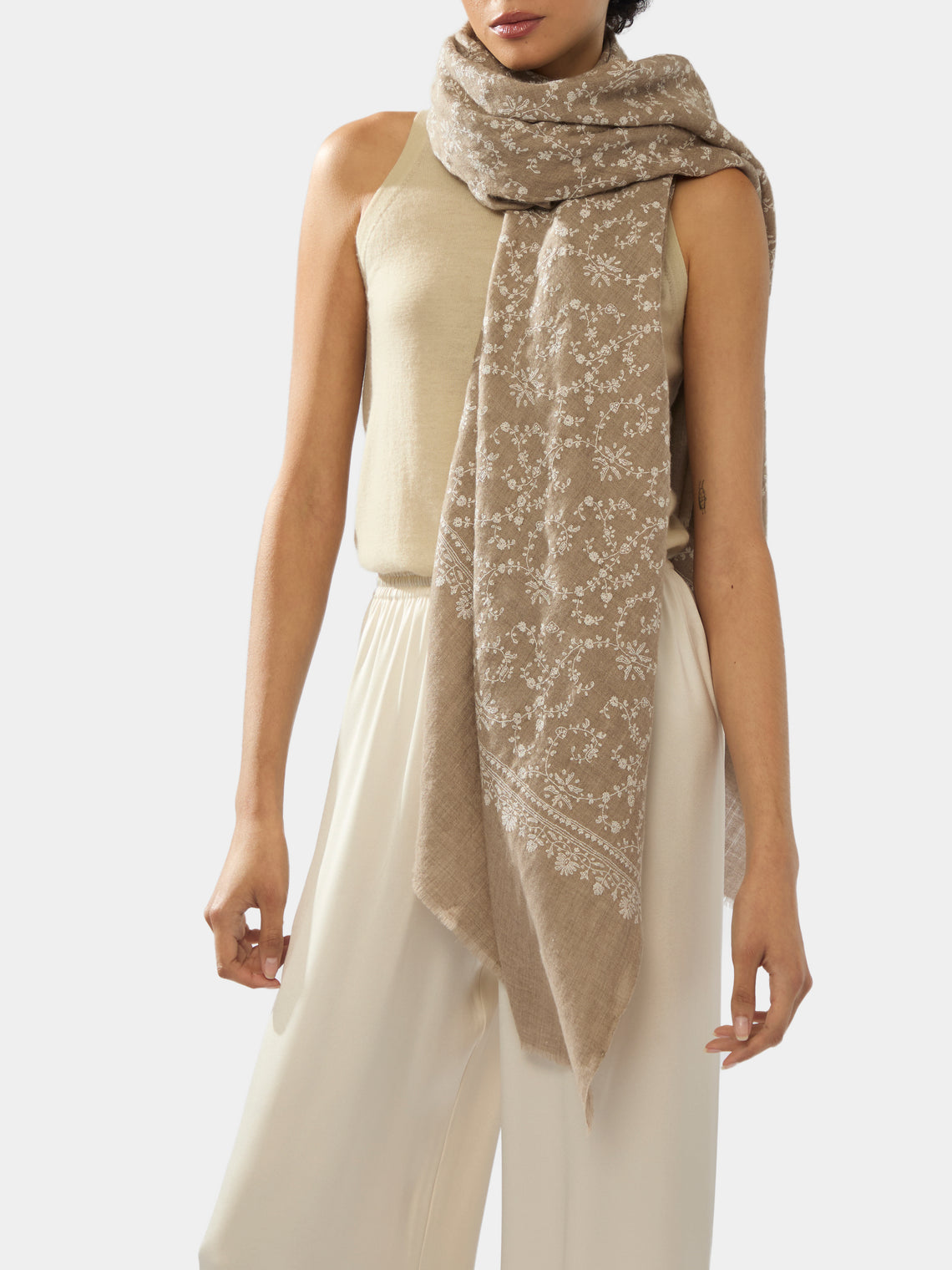 Me & K - Hand-Embroidered Cashmere Scarf | One Size - Beige - ABASK - 