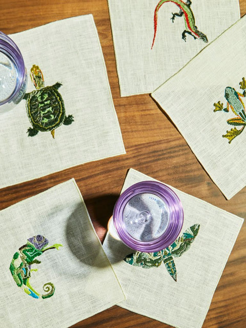 Exotic Animals Embroidered Linen Cocktail Napkins (Set of 5)