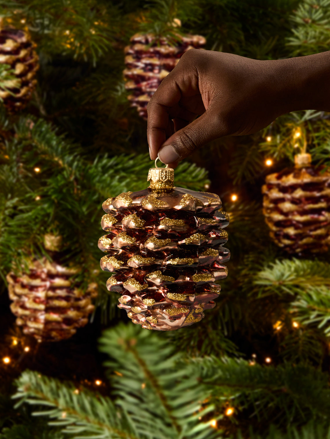 Hand-Blown Glass Pinecone Tree Decorations (Set of 6)