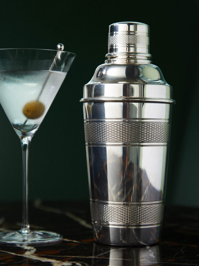 1930s Silver-Plated Engine Turned Cocktail Shaker