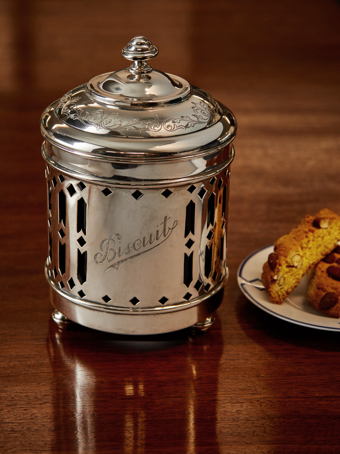 Antique and Vintage - 1950s Solid Silver and Glass Biscuit Jar -  - ABASK