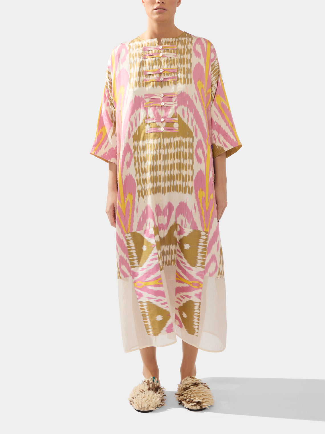 Nazzy Beglari - Hand-Loomed Ikat Silk and Cotton Kaftan Dress  | One Size -  - ABASK