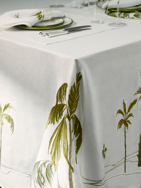 Loretta Caponi - Palm Tree Hand-Embroidered Linen Rectangular Tablecloth -  - ABASK