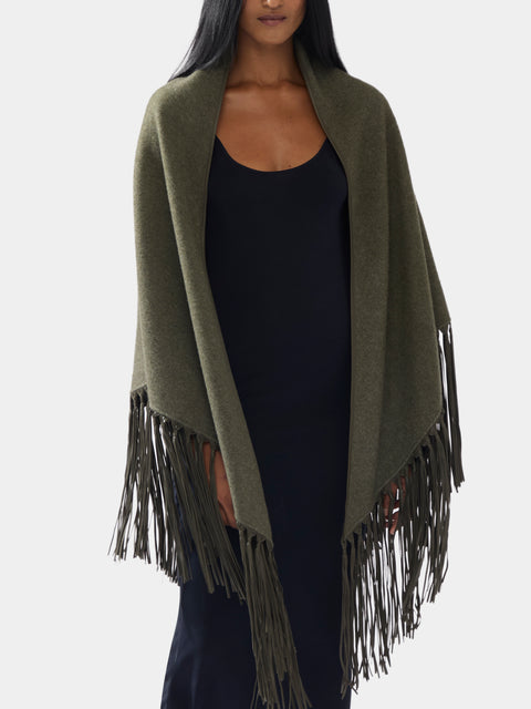 Double-Faced Cashmere Long Shawl with Leather Fringing | One Size