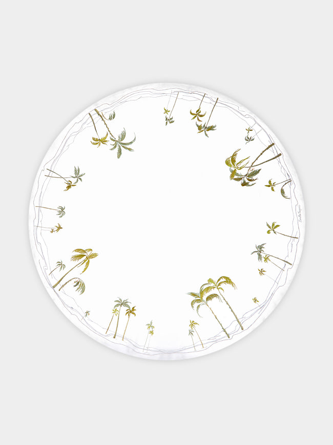 Loretta Caponi - Palm Tree Hand-Embroidered Linen Round Tablecloth -  - ABASK - 