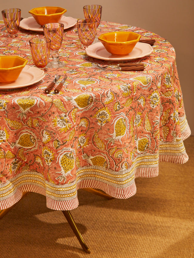 Chamois - Pomegranate Block-Printed Linen Round Tablecloth -  - ABASK