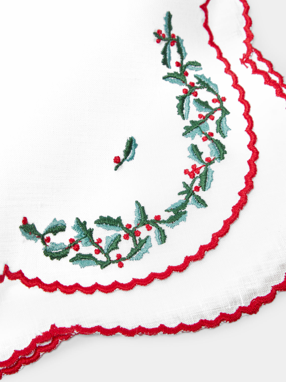 Loretta Caponi - Holly Hand-Embroidered Linen Placemats and Napkins (Set of 2) -  - ABASK