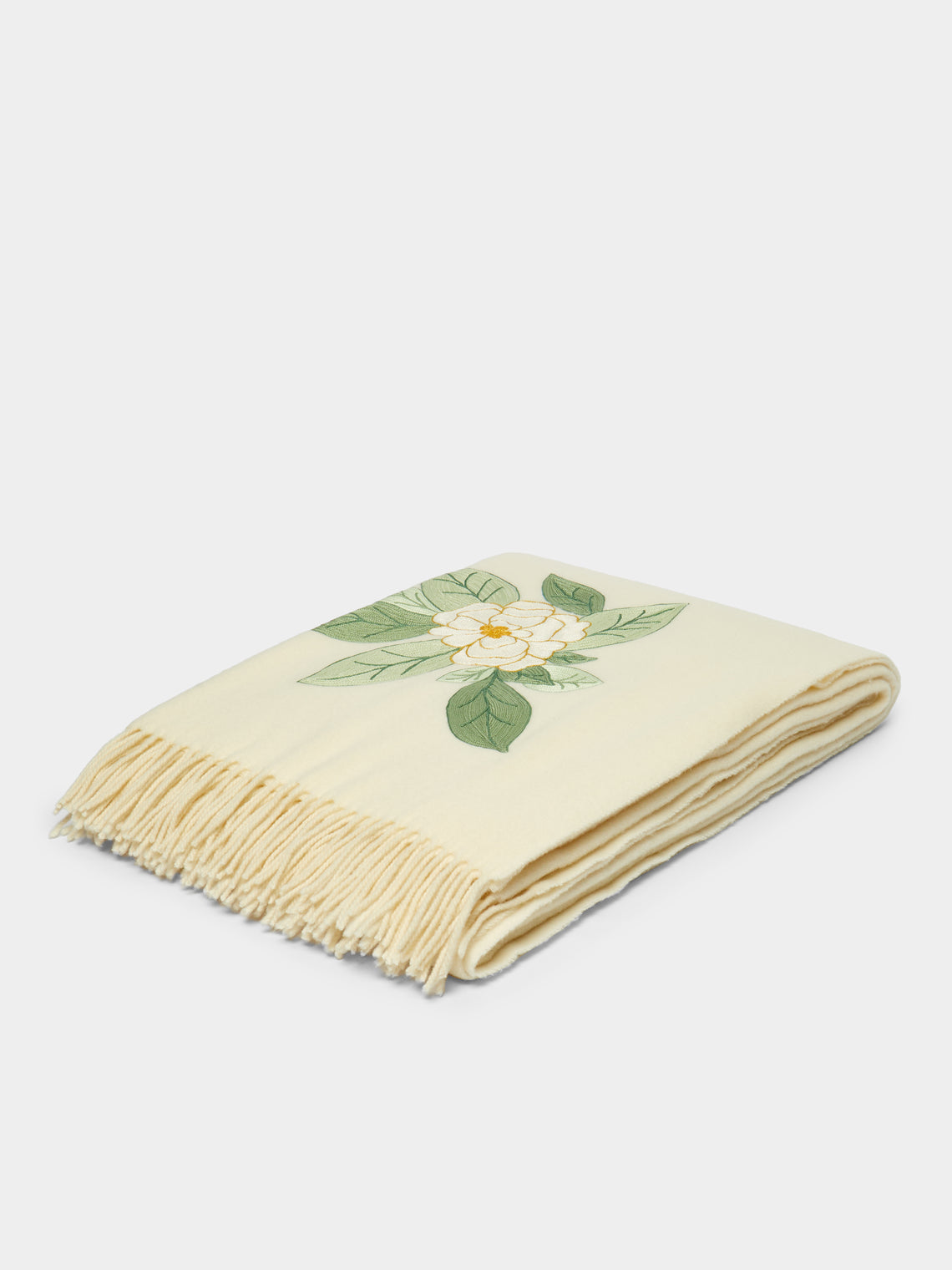 Loretta Caponi - Camellia Hand-Embroidered Wool Blanket -  - ABASK