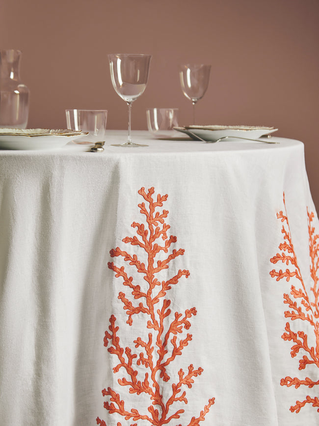 Antique and Vintage - Coral Hand-Embroidered Linen Round Tablecloth -  - ABASK