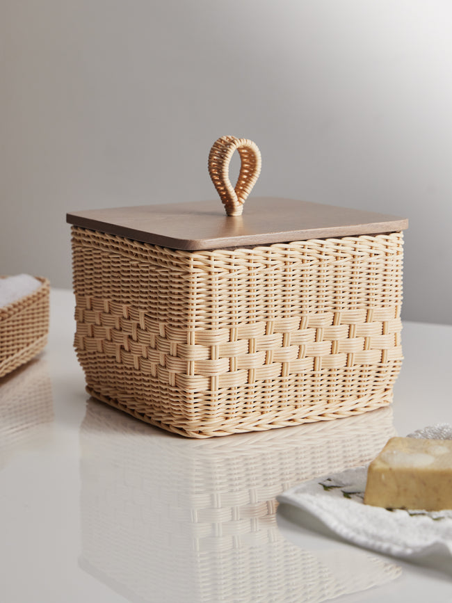 Mila Maurizi - Coralia Handwoven Wicker and Wood Lidded Container -  - ABASK