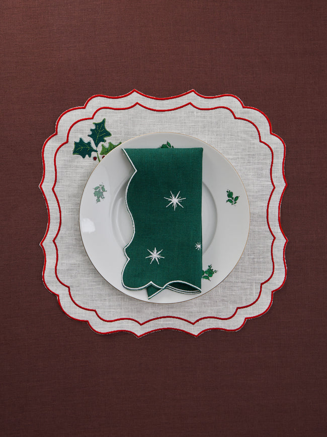 La Gallina Matta - Krinkle Holly Embroidered Linen Placemats (Set of 4) -  - ABASK