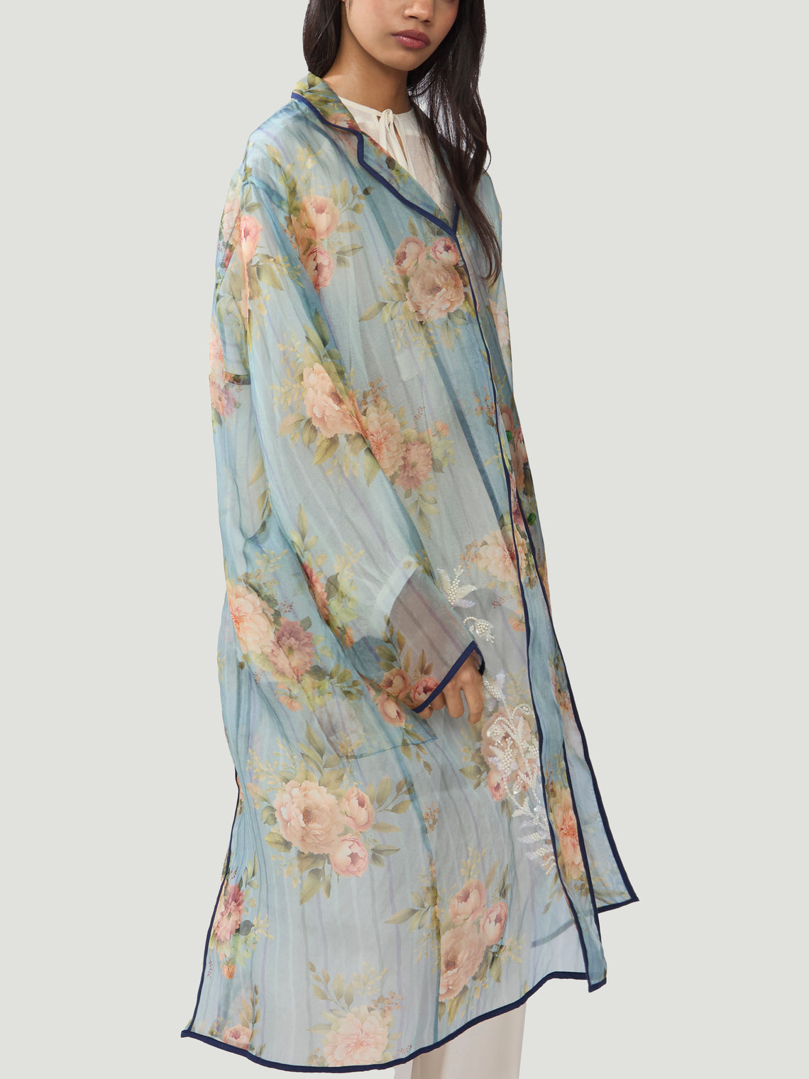 Nazzy Beglari - Organza Embroidered Silk Robe - Blue - ABASK