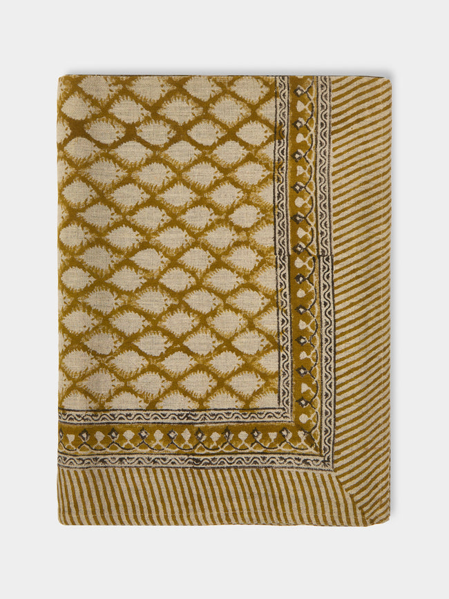 Chamois - Cypress Block-Printed Linen Small Rectangular Tablecloth -  - ABASK - 