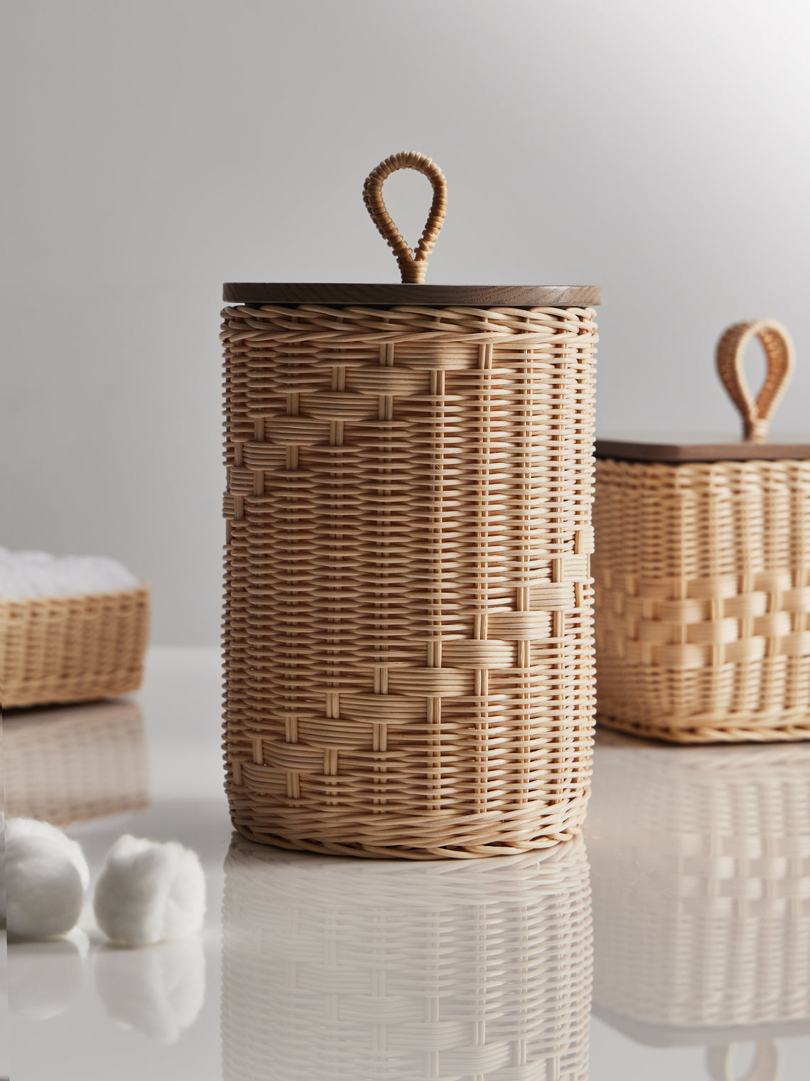 Mila Maurizi - Goccia Handwoven Wicker and Wood Tall Lidded Container -  - ABASK