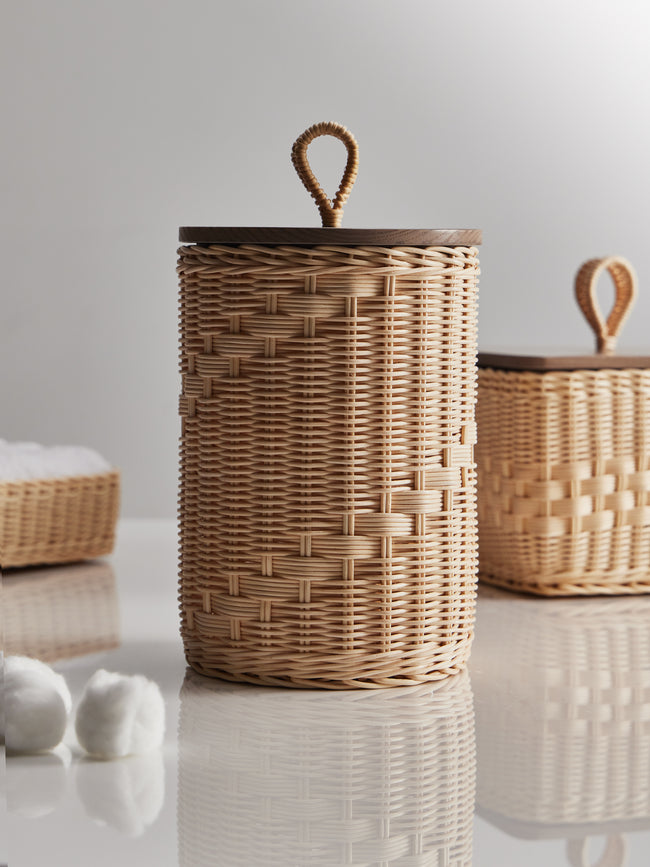 Mila Maurizi - Goccia Handwoven Wicker and Wood Tall Lidded Container -  - ABASK