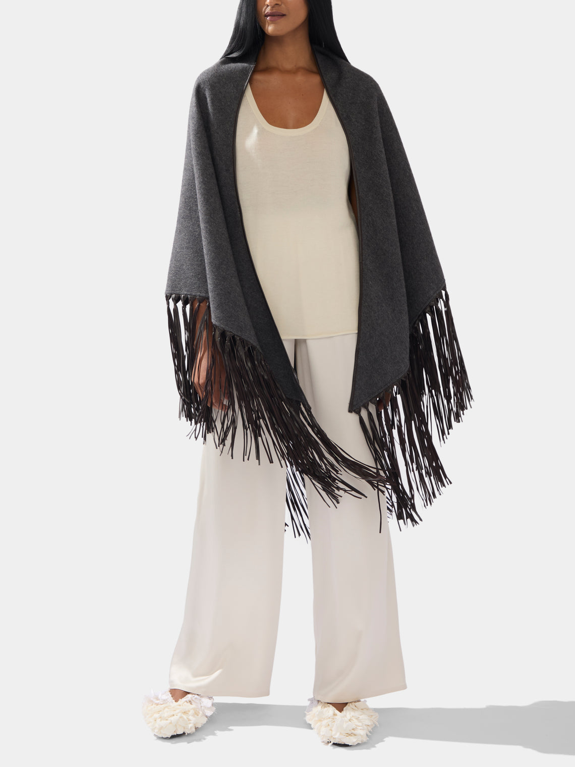 Double-Faced Cashmere Long Shawl with Leather Fringing | One Size