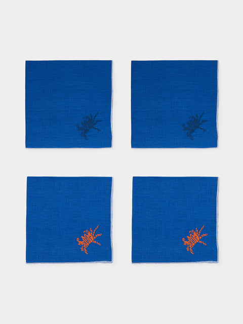 La Gallina Matta - Crabs Embroidered Linen Napkins (Set of 4) - Blue - ABASK - 