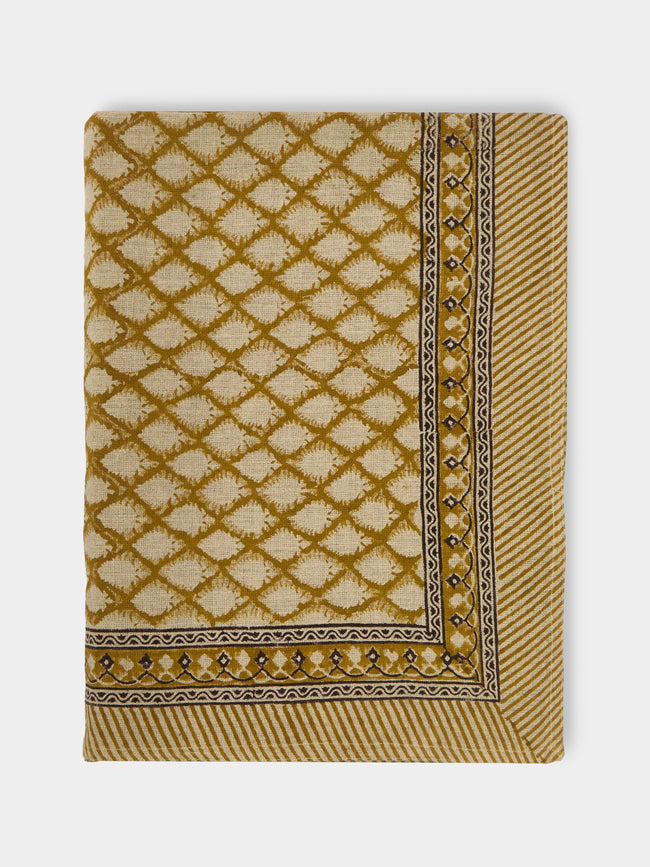 Chamois - Cypress Block-Printed Linen Medium Rectangular Tablecloth -  - ABASK - 