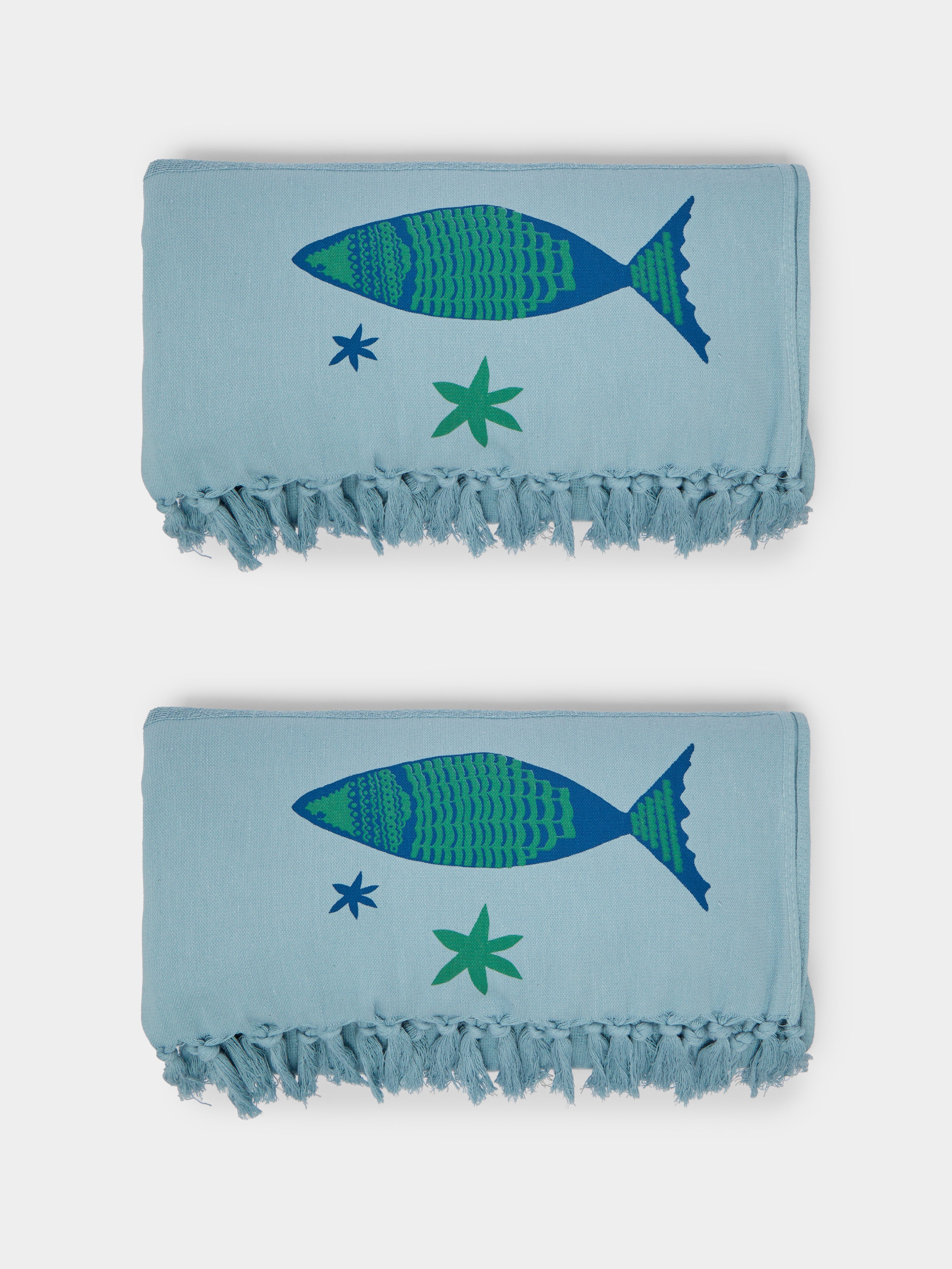 Blue Big Fish Hand-Printed Cotton Beach Towels (Set of 2) by Malaika