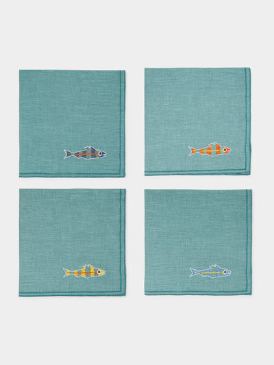 La Gallina Matta - Sardines Embroidered Linen Napkins (Set of 4) -  - ABASK - 