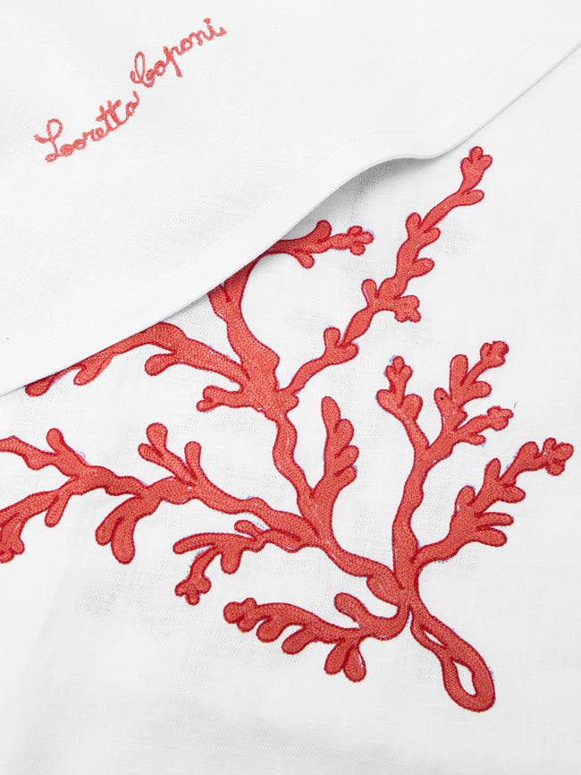 Loretta Caponi - Coral Hand-Embroidered Linen Round Tablecloth -  - ABASK