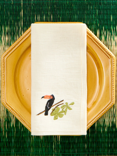 La Gallina Matta - Tropical Birds Embroidered Linen Napkins (Set of 6) -  - ABASK