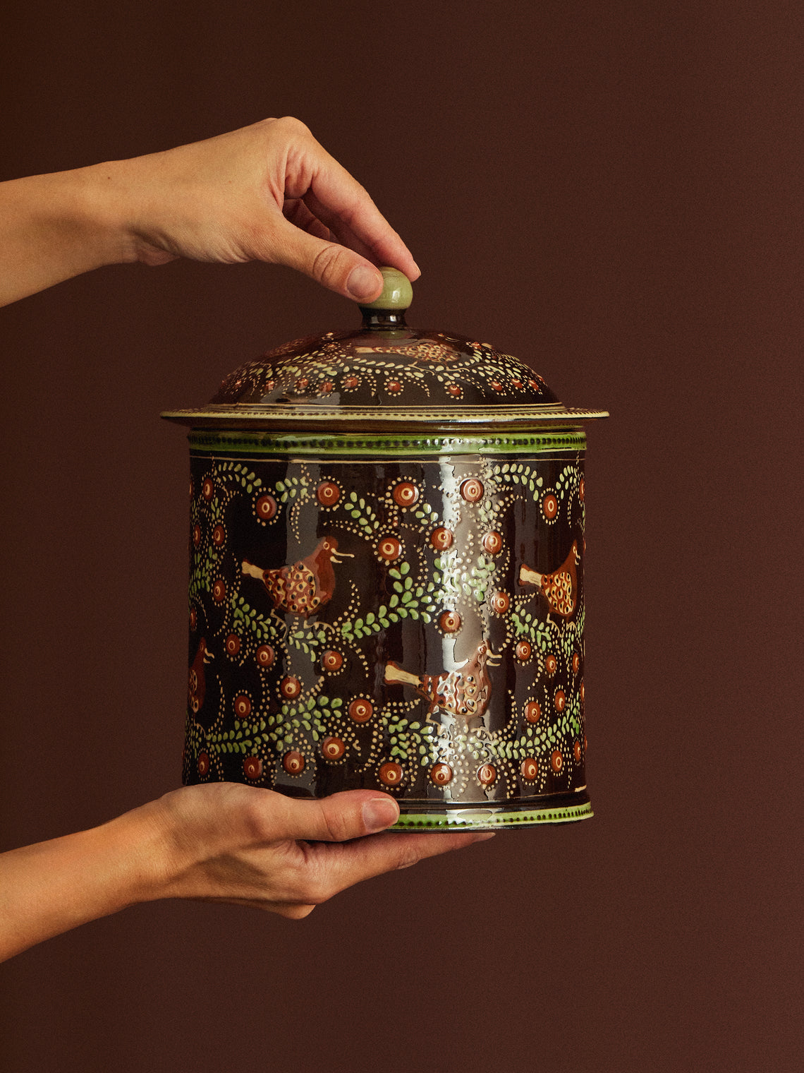 Poterie d’Évires - Birds Hand-Painted Ceramic Large Lidded Pot -  - ABASK