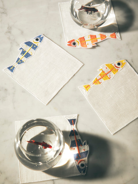 La Gallina Matta - Sardines Embroidered Linen Cocktail Napkins (Set of 4) -  - ABASK