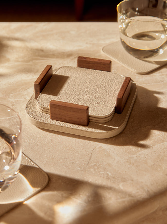 Giobagnara x Poltrona Frau - Leather and Walnut Coasters with Holder (Set of 6) -  - ABASK