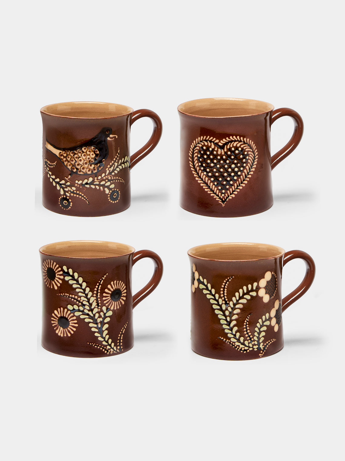 Poterie d’Évires - Flowers, Birds and Hearts Hand-Painted Ceramic Mugs (Set of 4) -  - ABASK - 