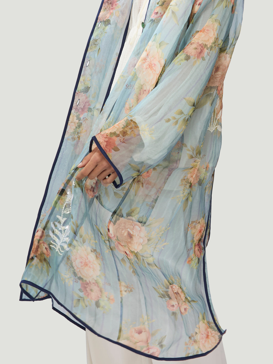 Nazzy Beglari - Organza Embroidered Silk Robe - Blue - ABASK