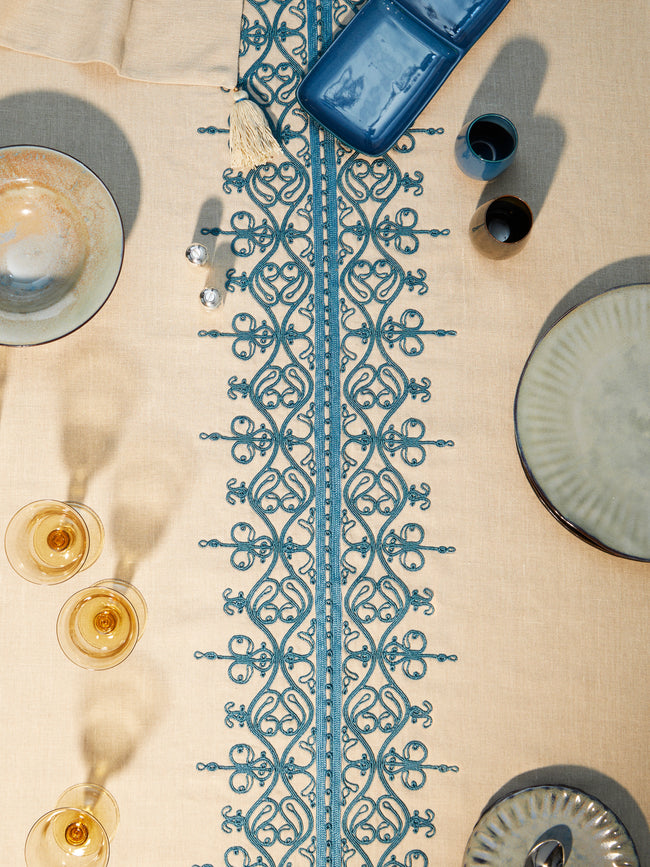 Malaika - Mamlouk Hand-Embroidered Linen Rectangular Tablecloth - Blue - ABASK