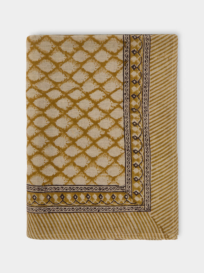 Chamois - Cypress Block-Printed Linen Large Rectangular Tablecloth -  - ABASK - 