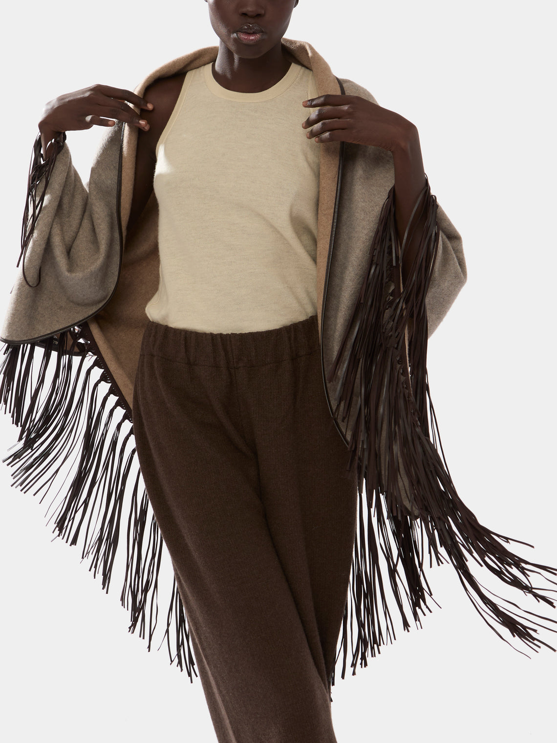 Double-Faced Cashmere Long Shawl with Leather Fringing | One Size