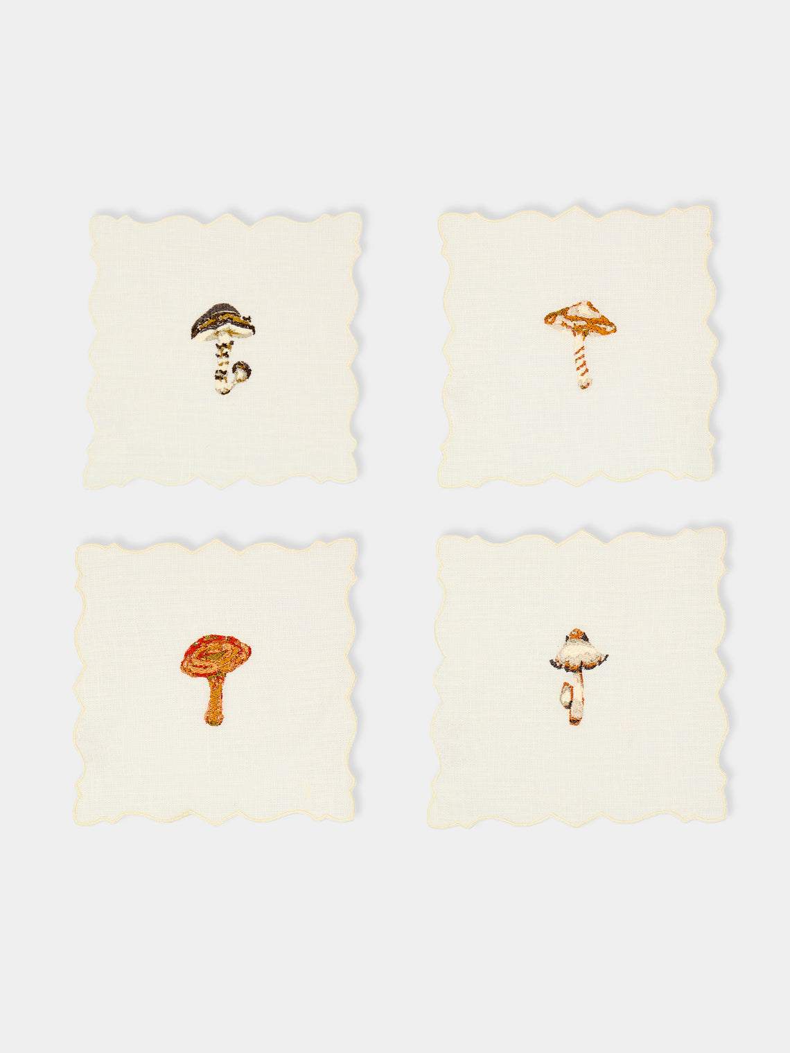 La Gallina Matta - Angelina Mushrooms Embroidered Linen Cocktail Napkins (Set of 4) -  - ABASK - 