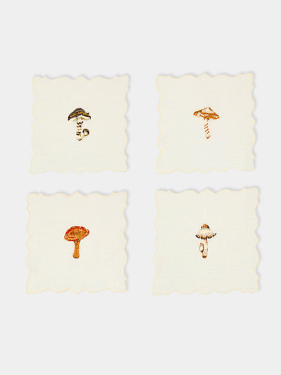 La Gallina Matta - Angelina Mushrooms Embroidered Linen Cocktail Napkins (Set of 4) -  - ABASK - 