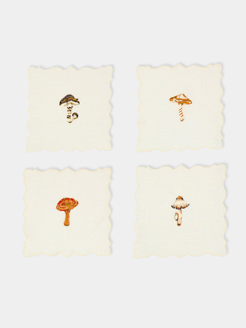 La Gallina Matta - Angelina Mushrooms Embroidered Linen Cocktail Napkins (Set of 4) -  - ABASK - 