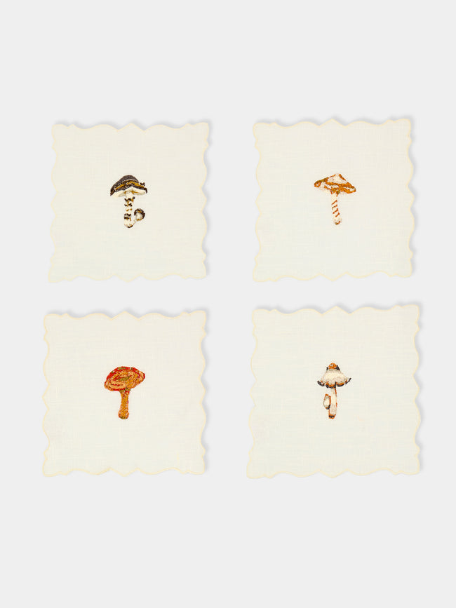 La Gallina Matta - Angelina Mushrooms Embroidered Linen Cocktail Napkins (Set of 4) -  - ABASK - 