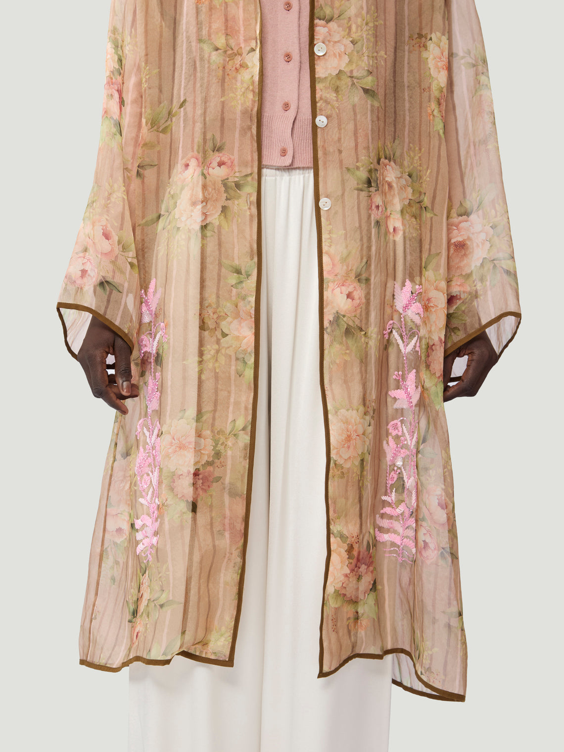 Nazzy Beglari - Organza Embroidered Silk Robe - Brown - ABASK