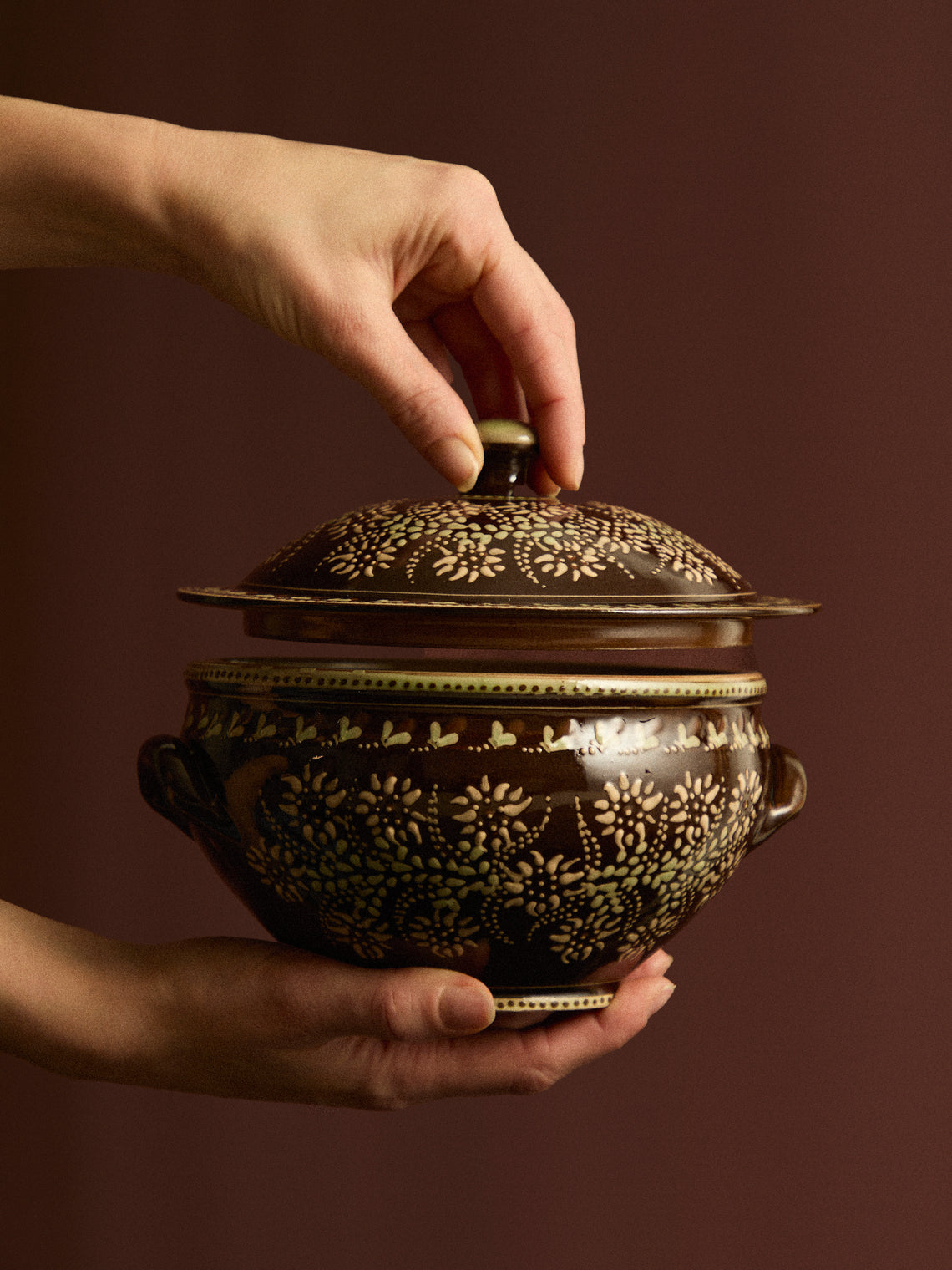 Poterie d’Évires - Flowers Hand-Painted Ceramic Small Vegetable Lidded Dish -  - ABASK