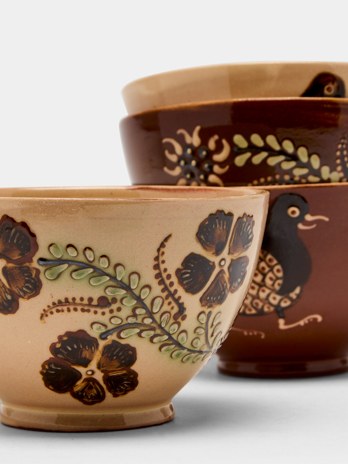 Poterie d’Évires - Birds and Flowers Hand-Painted Ceramic Cereal Bowls (Set of 4) -  - ABASK