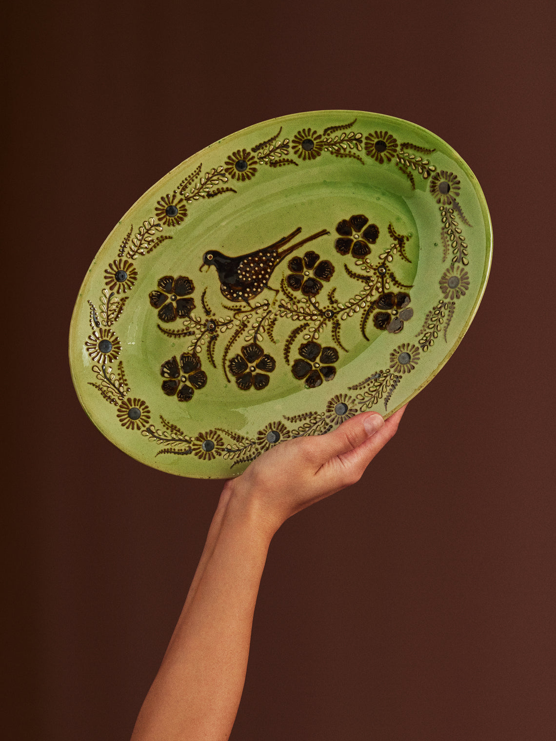 Poterie d’Évires - Birds Hand-Painted Ceramic Oval Platter -  - ABASK