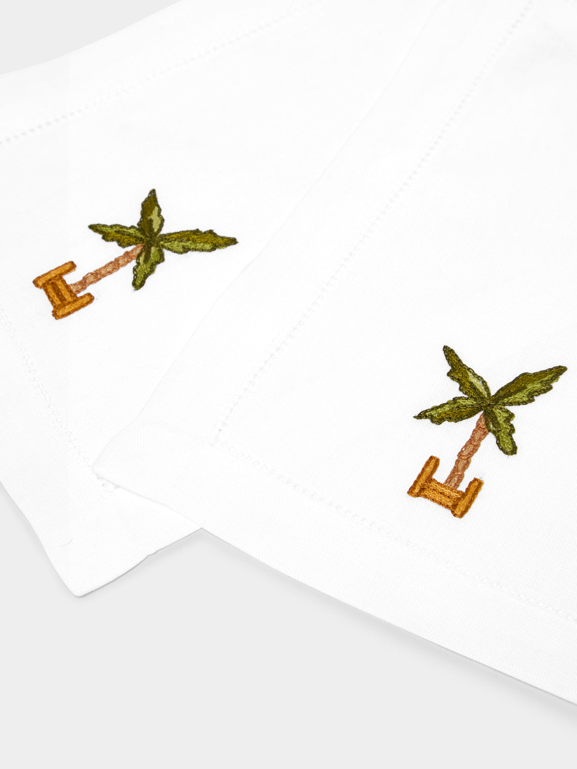 Loretta Caponi - Palm Tree Hand-Embroidered Linen Cocktail Napkins (Set of 6) -  - ABASK