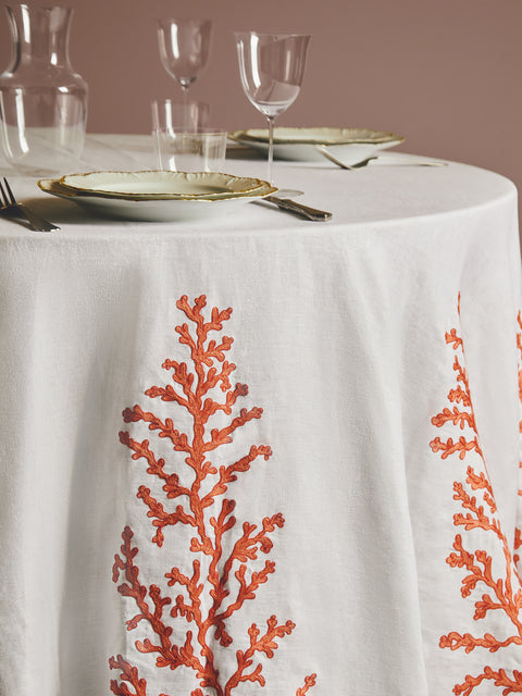 Loretta Caponi - Coral Hand-Embroidered Linen Large Round Tablecloth -  - ABASK