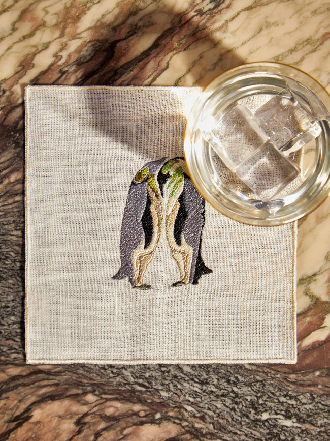 La Gallina Matta - Penguins Embroidered Linen Cocktail Napkins (Set of 5) -  - ABASK