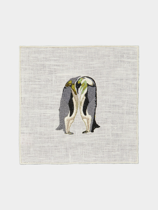 La Gallina Matta - Penguins Embroidered Linen Cocktail Napkins (Set of 5) -  - ABASK