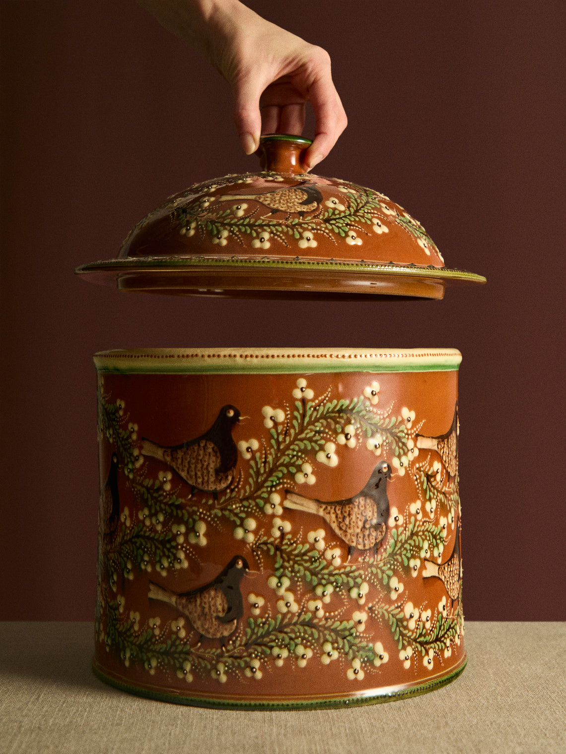 Poterie d’Évires - Birds Hand-Painted Ceramic Extra Large Lidded Pot -  - ABASK