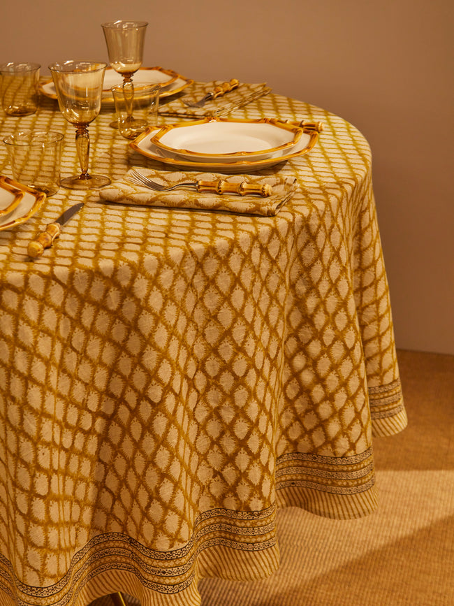Chamois - Cypress Block-Printed Linen Round Tablecloth -  - ABASK
